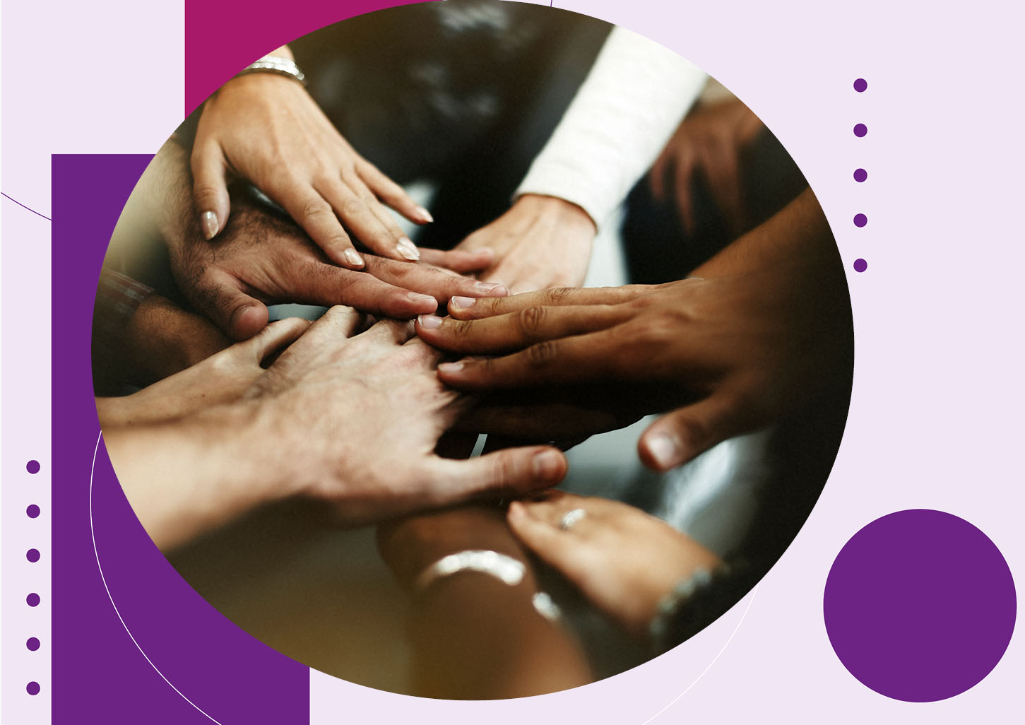 Image for chapter 2 of the safer care for all report with diverse hands touching on purple background